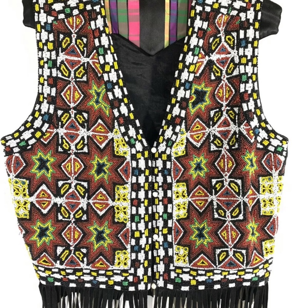 Vintage Southwest Solid Beaded Fringe Silk vest